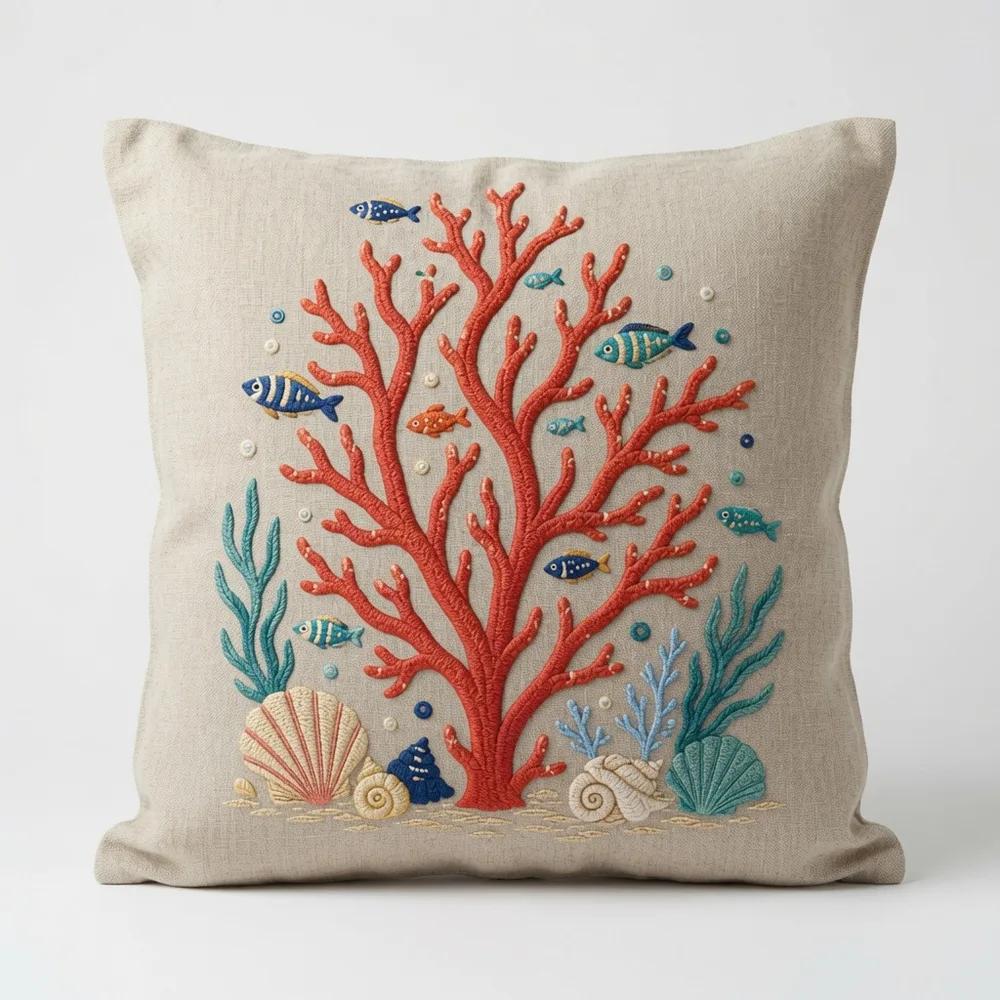 Red Coral Branch — embroidered decorative cushion cover
