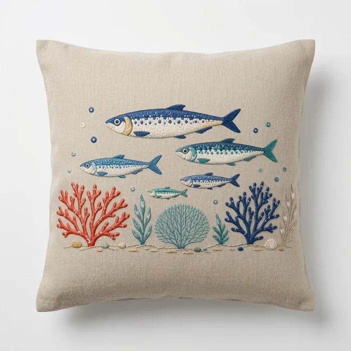 Sardines and Coral — embroidered decorative cushion cover