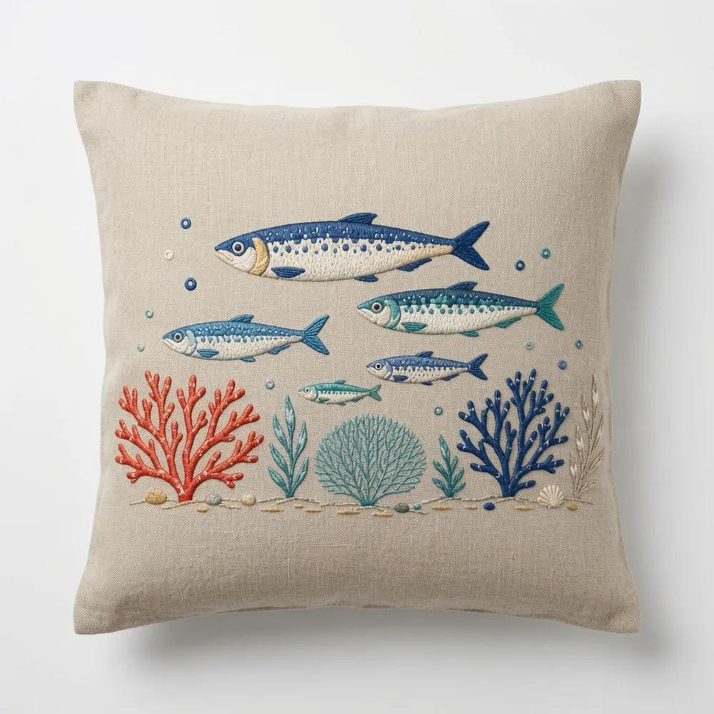 Sardines and Coral — embroidered decorative cushion cover
