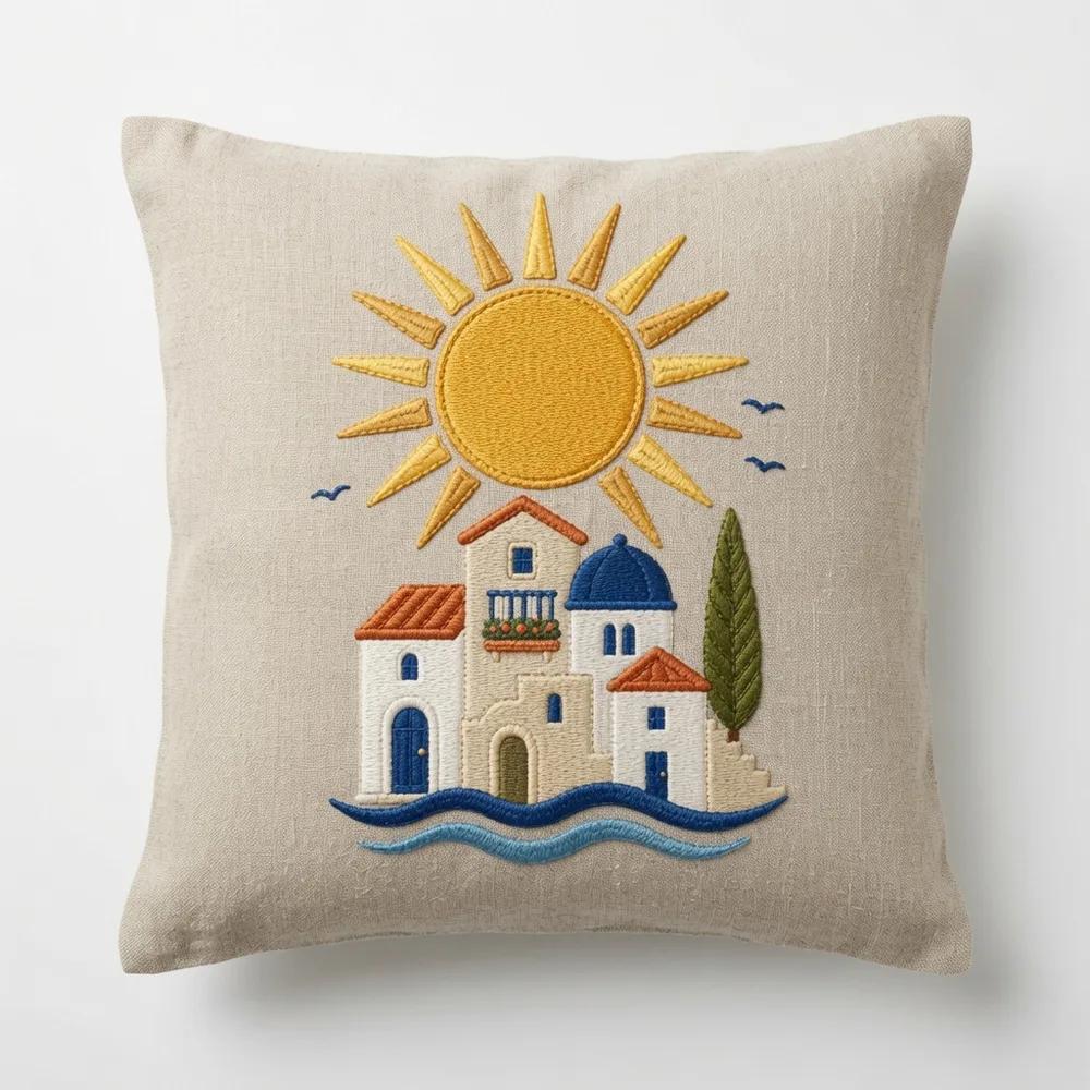 Above the Village — embroidered decorative cushion cover