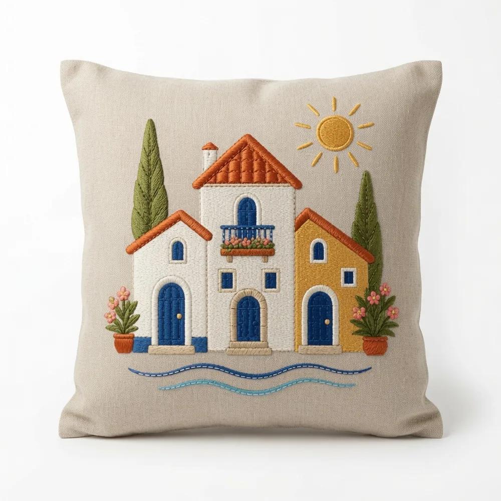 Coastal House Trio — embroidered decorative cushion cover