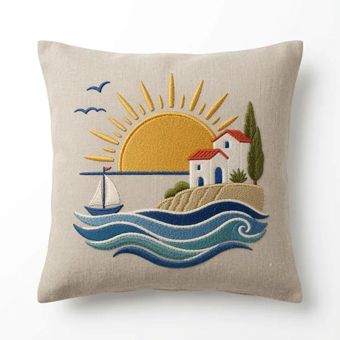 Mediterranean Horizon — embroidered decorative cushion cover