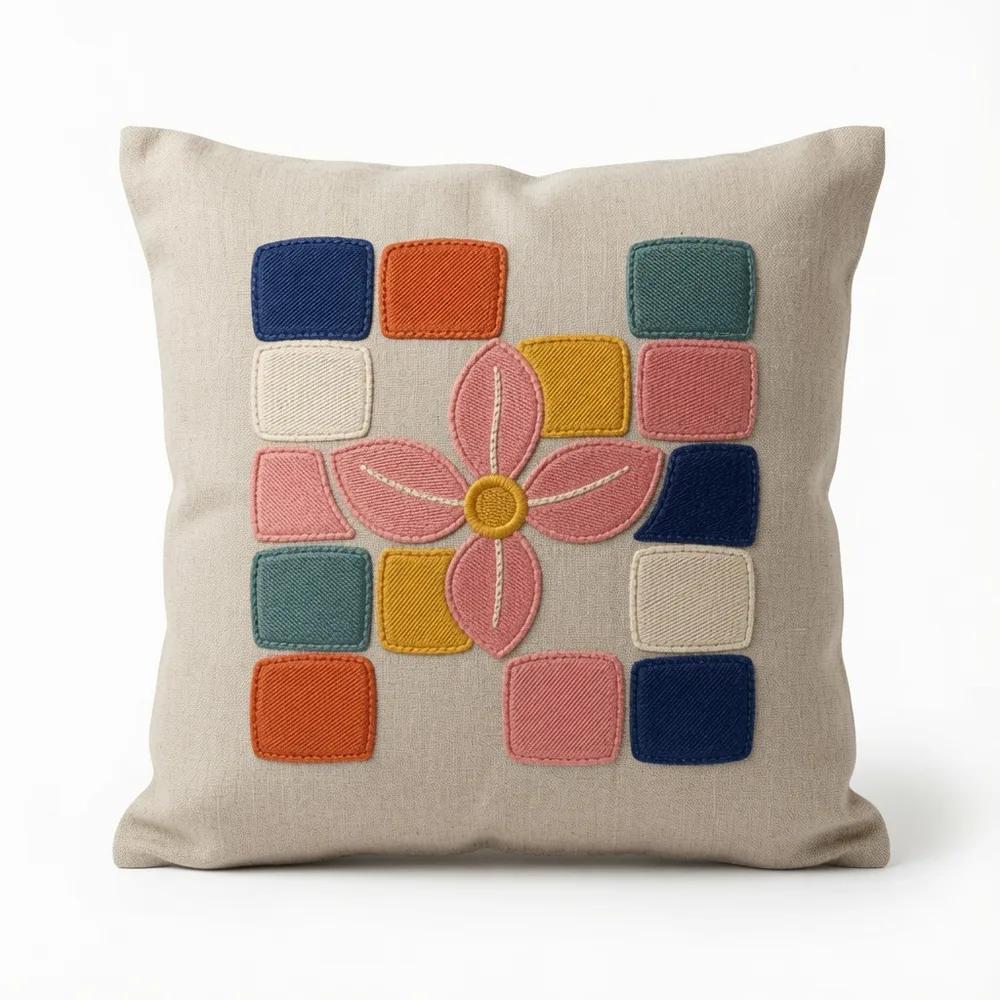 Checker Bloom — embroidered decorative cushion cover